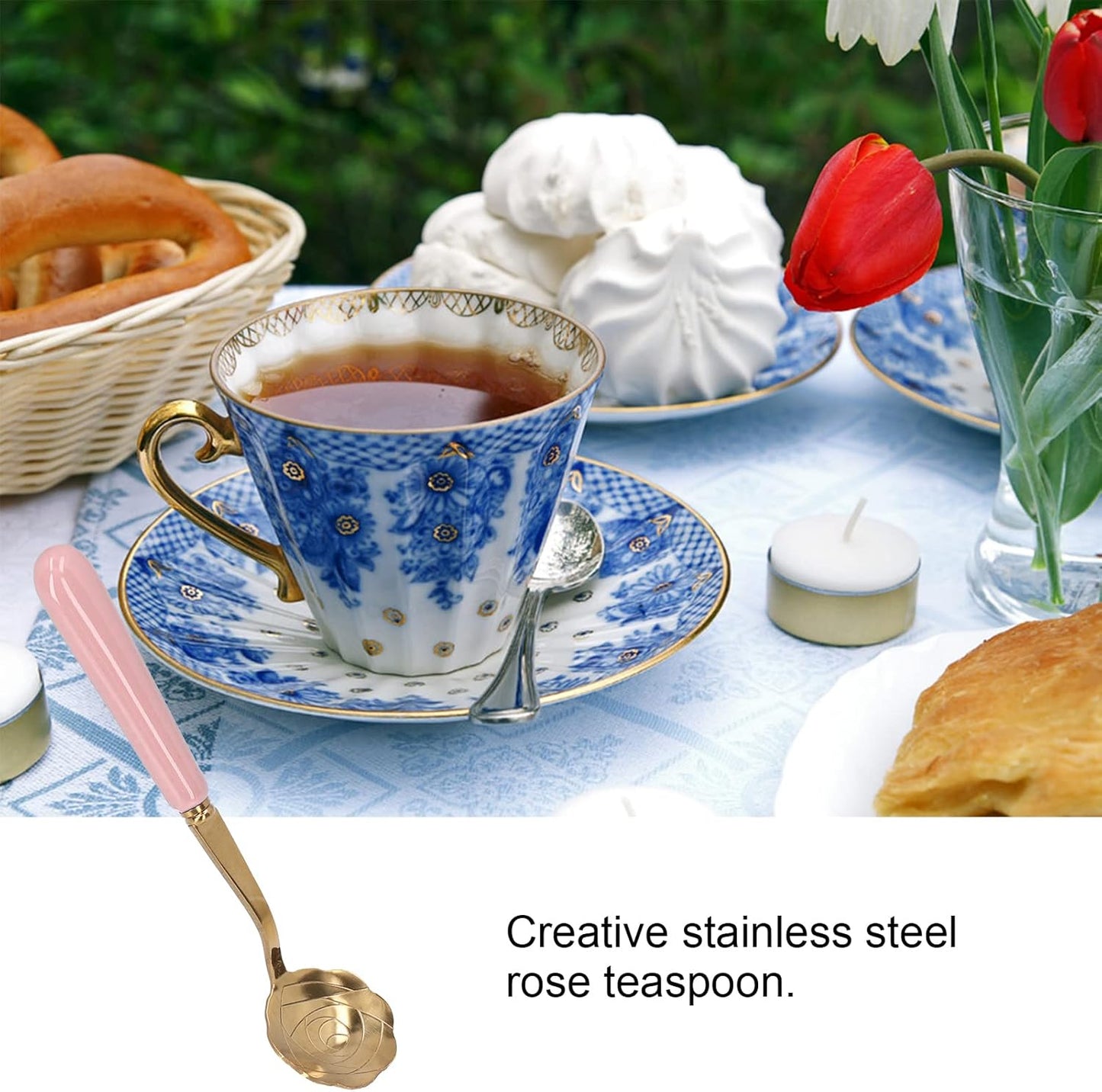Flower Shaped Teaspoon Stainless Steel Tableware with Pink Handle, 5.1in Dessert Spoon - Elegant Rose Design, Comfortable Grip for Ice Cream & Tea (Pink Handle)
