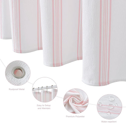 ORTIGIA Pink and White Striped Shower Curtain with 12 Metal Hooks, Crinkled Lightweight Textured Fabric Modern Farmhouse Minimalist Bathroom Curtain 72x72 Inch