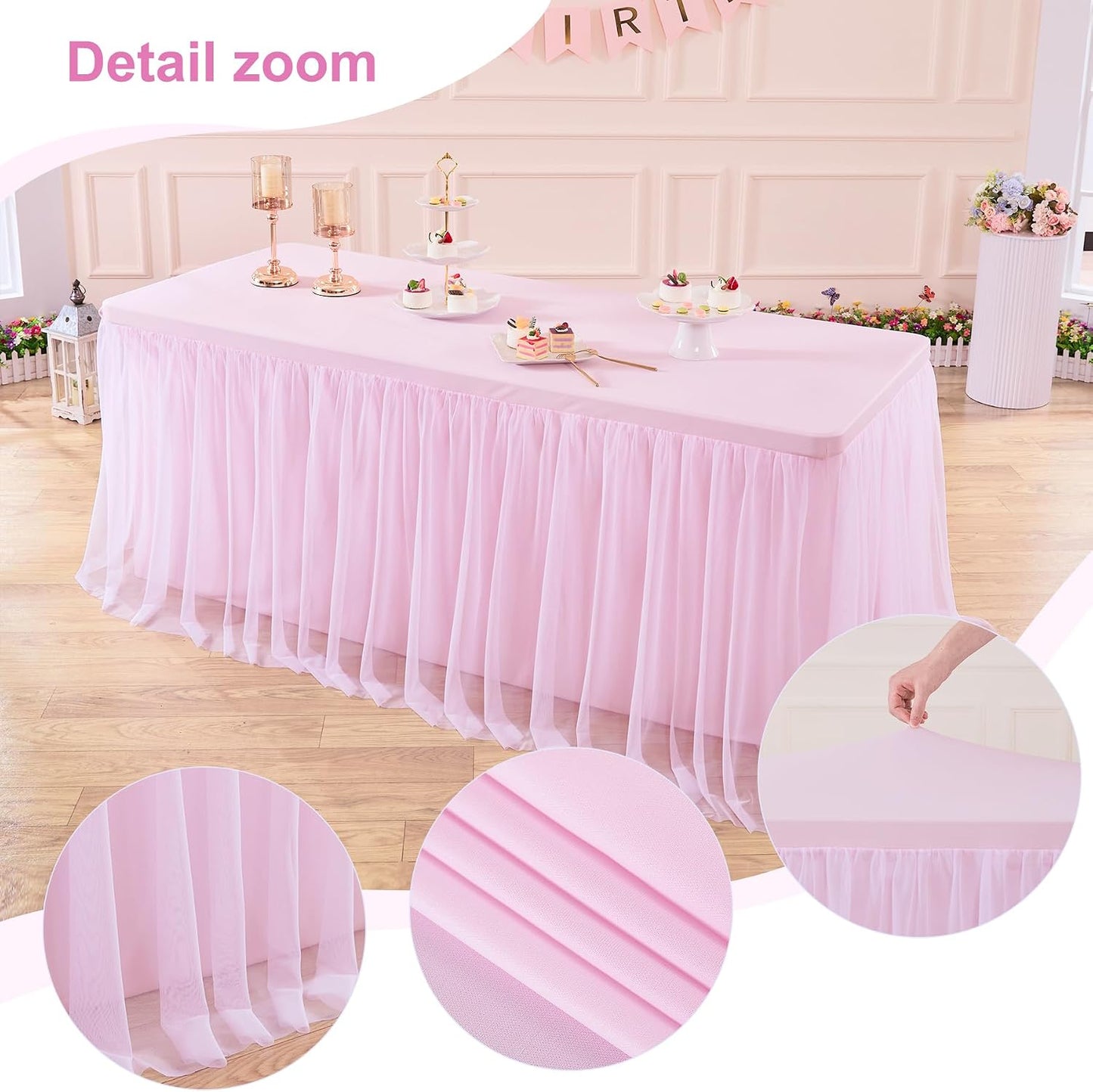 Light Pink Tablecloth for 6 Foot Rectangle Table, Baby Pink Tulle Tutu Tables Skirt Party Table Cover 6ft Baby Shower Banquet Dessert Wedding Pink Tables Cloths Ruffle Bridal Shower