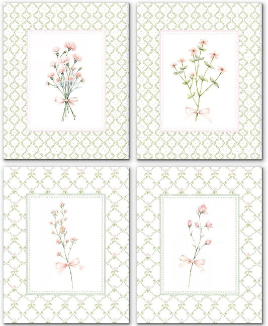 JINYO Pastel Pink Floral Wall Art Prints Set of 4, Cottagecore Room Decor, Grandmillennial Green Botanical Posters Pictures Wall Decor for Nursery Girls Bedroom Home, 8x10 Unframed