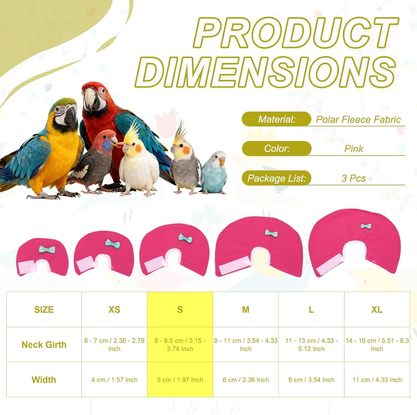 Bird Collars, Bird Cone Collar Protective Recovery Cones, Soft Adjustable Anti-Bite Feather Neck Protector (Pink, S, 3 Pcs), Intended for Budgie/Cockatiel/Lovebirds