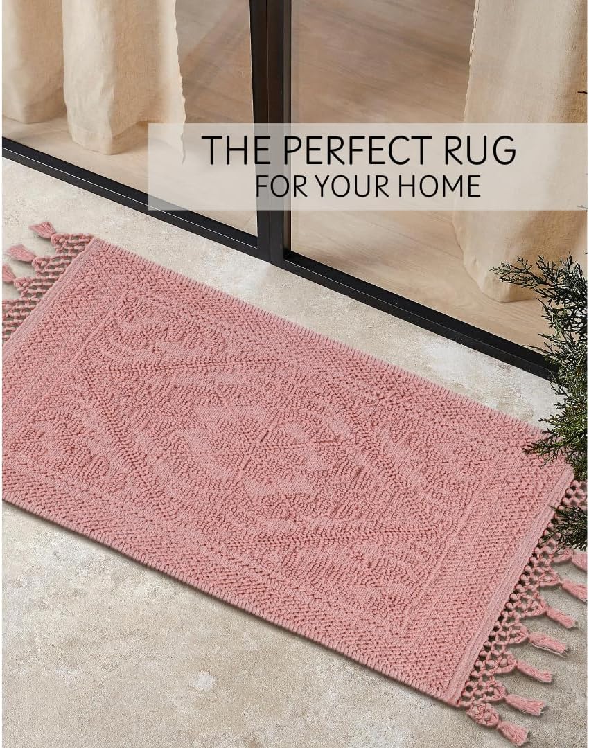 Savi Home Cotton Woven Jacquard Bathroom Rug, Woven Fringe Bathroom Mats, 100% Cotton, Non - Slip Bath Mat, Durable Thick Bath Mat 17”x30” with Fringes, Baby Pink