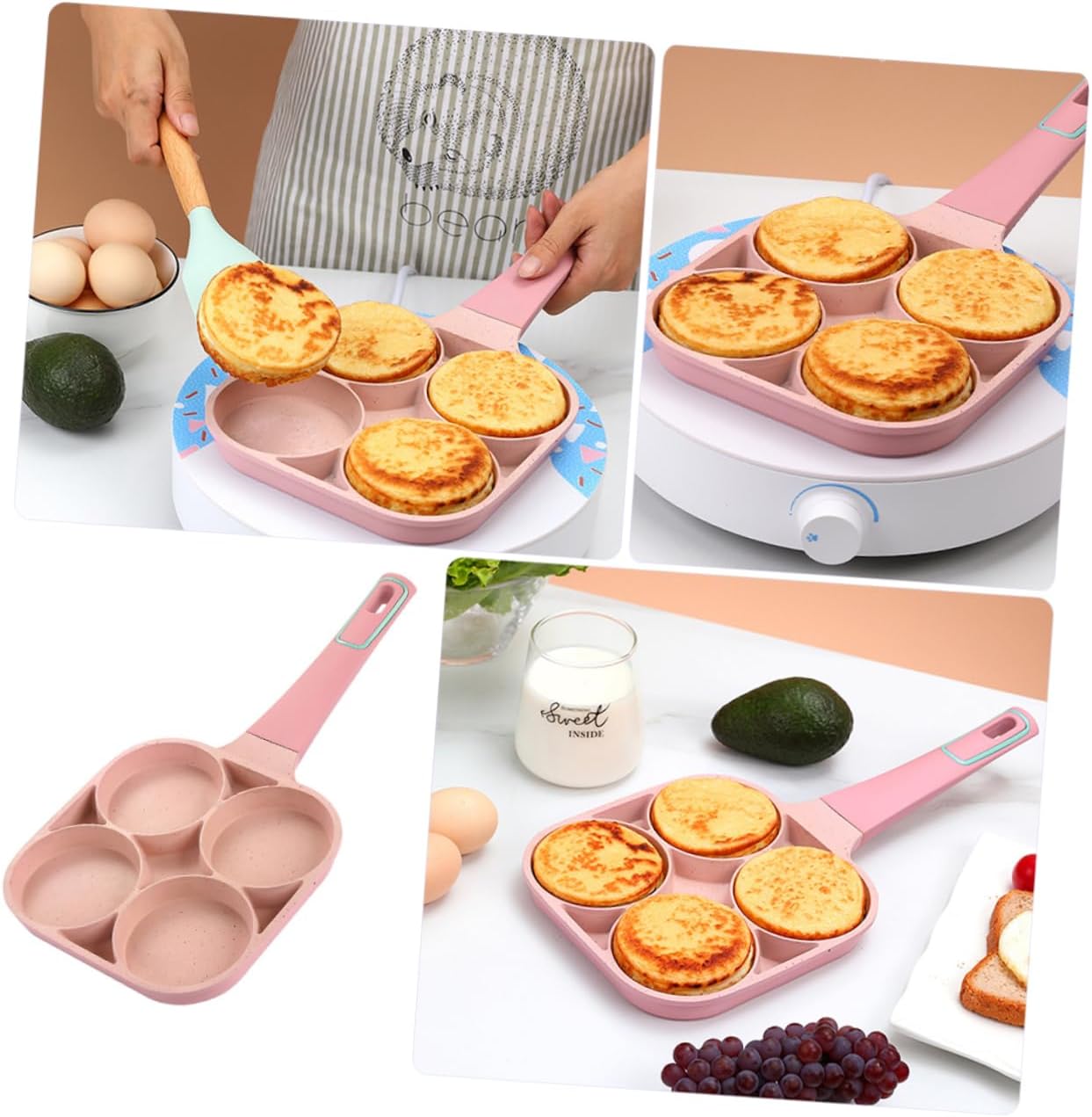 VICASKY Non Stick Egg Frying Pan with Groove Design Compact Lightweight Skillet for Even Heating and Easy Cleaning Practical Home Cooker for Breakfast and Omelette Cooking Pink