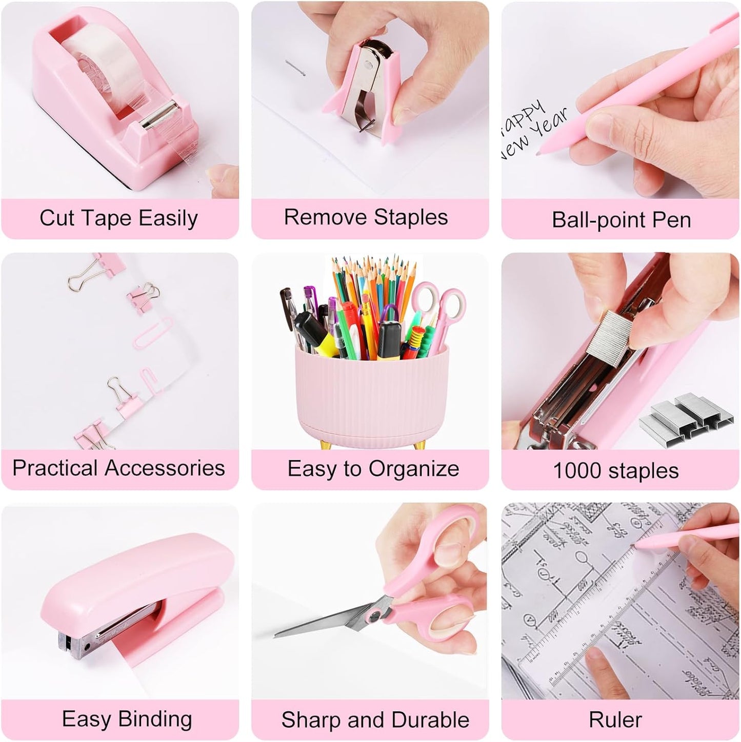 Gawsey Desk Organizers and Accessories Set with 360-Degree Rotating Pen Holder, Tape Dispenser, Stapler, Staple Remover, 1000 Staples, Tape, Clips Set, Ruler, Scissor, Pen (Pink-A)