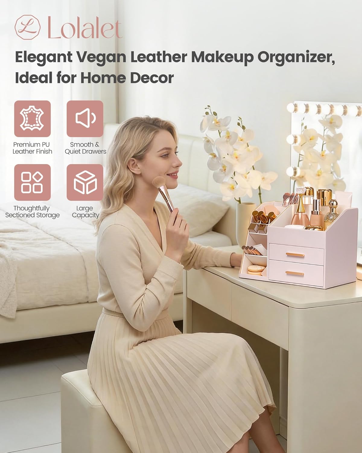 Lolalet Makeup Organizer Countertop with Drawers, Easy to Clean PU Leather Storage Box, 3-Layer Cosmetic Holder for Skincare, Lipstick, Perfume & Brush, Display Case for Vanity Dresser Bathroom - Pink