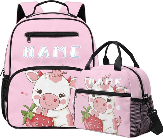 COEQINE Personalized Backpack with Lunch Box Kids Girls Cow Pink Strawberry Cute Bag for School Preschool Elementary Front Zip Pocket Holder Snacks Lightweight Bookbag Diaper Bag,13In