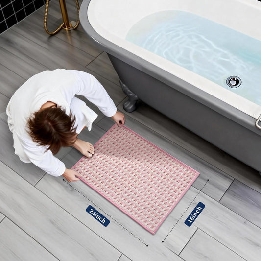 YIHOUSE Bathroom Rugs 16" x 24", Ultra Thin Checkered Weave Bath Mat - Soft Absorbent Quick Dry Bath Mat, Machine Washable Non Slip Bath Rugs for Bathroom, Shower and Tub, Pink White