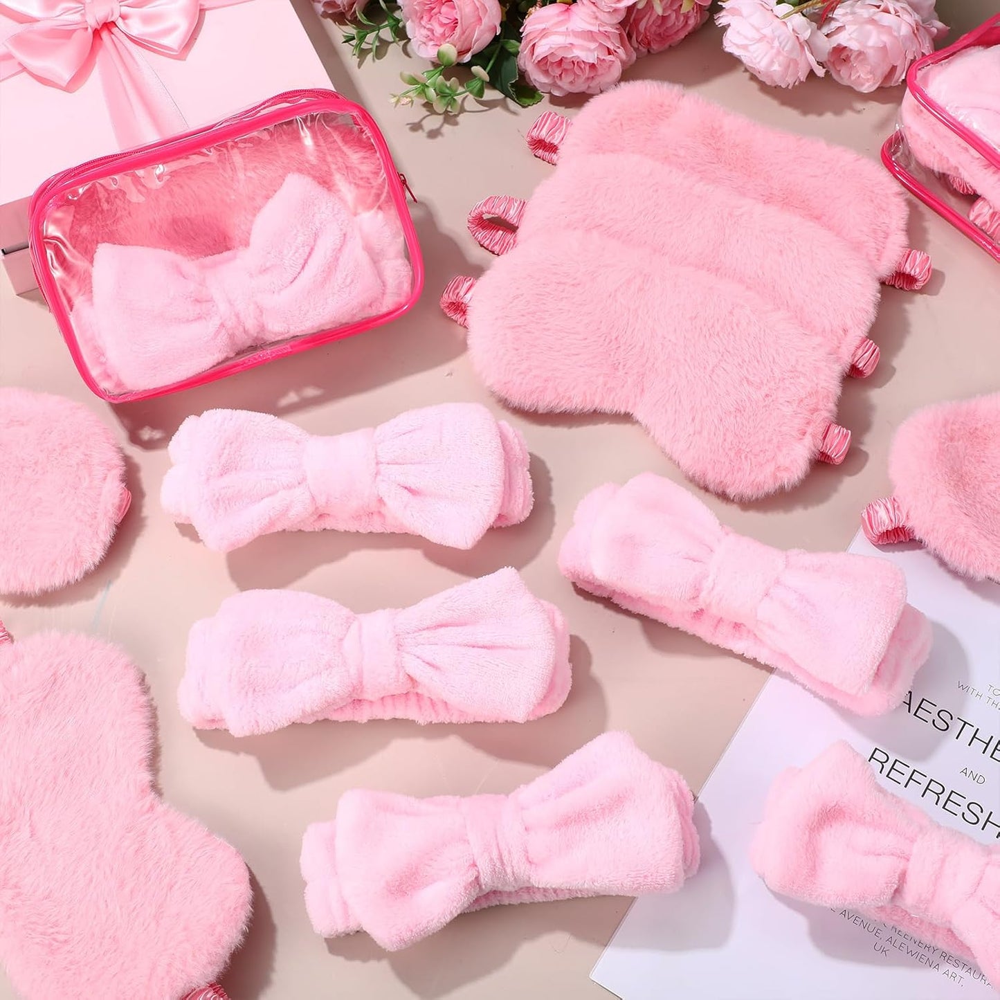Hoteam 54 Pcs Pink Spa Party Supplies Girls Sleepover Party Favors Set of 18, Pink Bow Headbands, Sleep Eye Masks, Cosmetic Bags for Girls Women Birthday Wedding Bachelorette Galentine Slumber Gifts