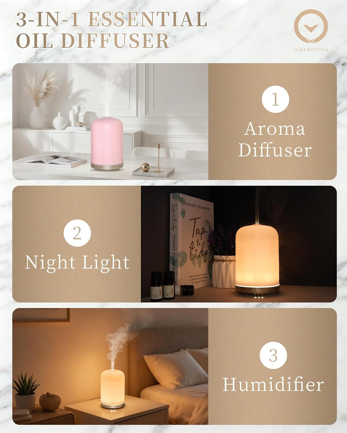 Essential Oil Diffuser - 2.4MHz Ultrasonic Ceramic Diffuser with Pulse/Continuous Mist & Night Light, Waterless Auto-Off, Silent Aromatherapy Diffuser for Home, Office, Yoga, Spa, Gifts & Home Decor.
