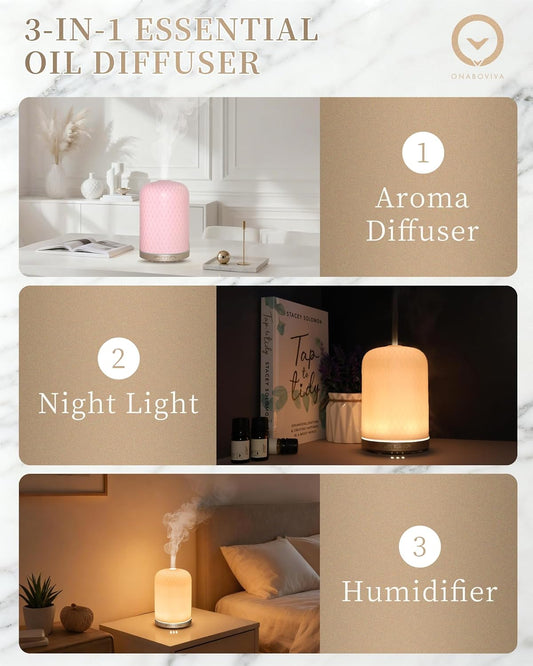 Essential Oil Diffuser - 2.4MHz Ultrasonic Ceramic Diffuser with Pulse/Continuous Mist & Night Light, Waterless Auto-Off, Silent Aromatherapy Diffuser for Home, Office, Yoga, Spa, Gifts & Home Decor.
