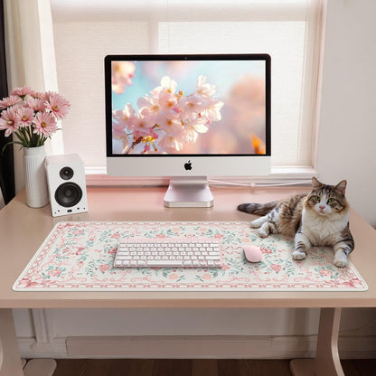 iCasso Pink Desk Mat for Desktop,Cute Desk Pad for Women,Girly Bow Mouse Pad with Stitched Edges,Non-Slip Large Computer Mat for Home Office Study Gaming
