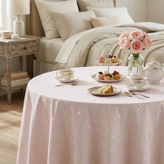 Horaldaily Pink Tablecloth 60×60 Inch Round, Solid Round Table Cloth with Golden Star Sequin, Spring Summer Table Cover for Wedding, Party, Banquet, and Events