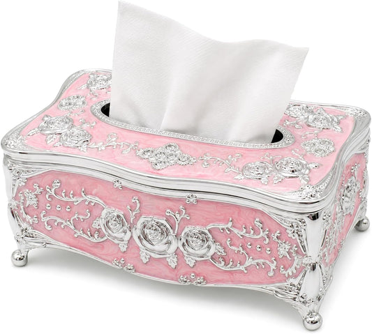 Vintage Acrylic Tissue Box Holder, Rectangular Facial Tissue Cover Dispenser with Rose Pattern, Decorative Napkin Organizer for Bathroom Vanity, Bedroom Nightstand, Car & Office (Silver Pink)