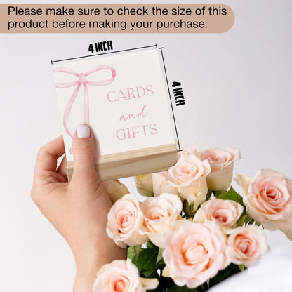 Coquette Pink Bow Cards and Gifts Sign, Gift Table Sign Wood Plaque, Bridal Shower Signs for Ceremony and Reception Wooden Plaque with Wood Stand for Wedding Reception Decorations, 4x4 Inch