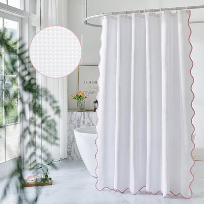Scalloped Waffle Shower Curtain with 12 Metal Hooks Thick Weighted Fabric Wrinkle and Rust Resistant Heavy Duty Long Curtains for Bathroom Showers Bath Tubs Machine Wash, 72x72 in (Pink)