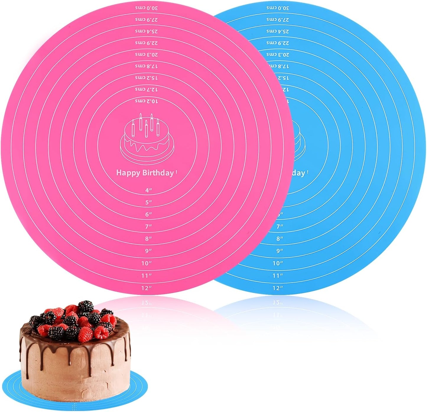 2Pcs Silicone Cake Mat,12 Inch Round Baking Mat with Measurements Reusable Turntable Pastry Mats for Rolling Out Dough Cake Pizza and Cookies (Pink&Blue)