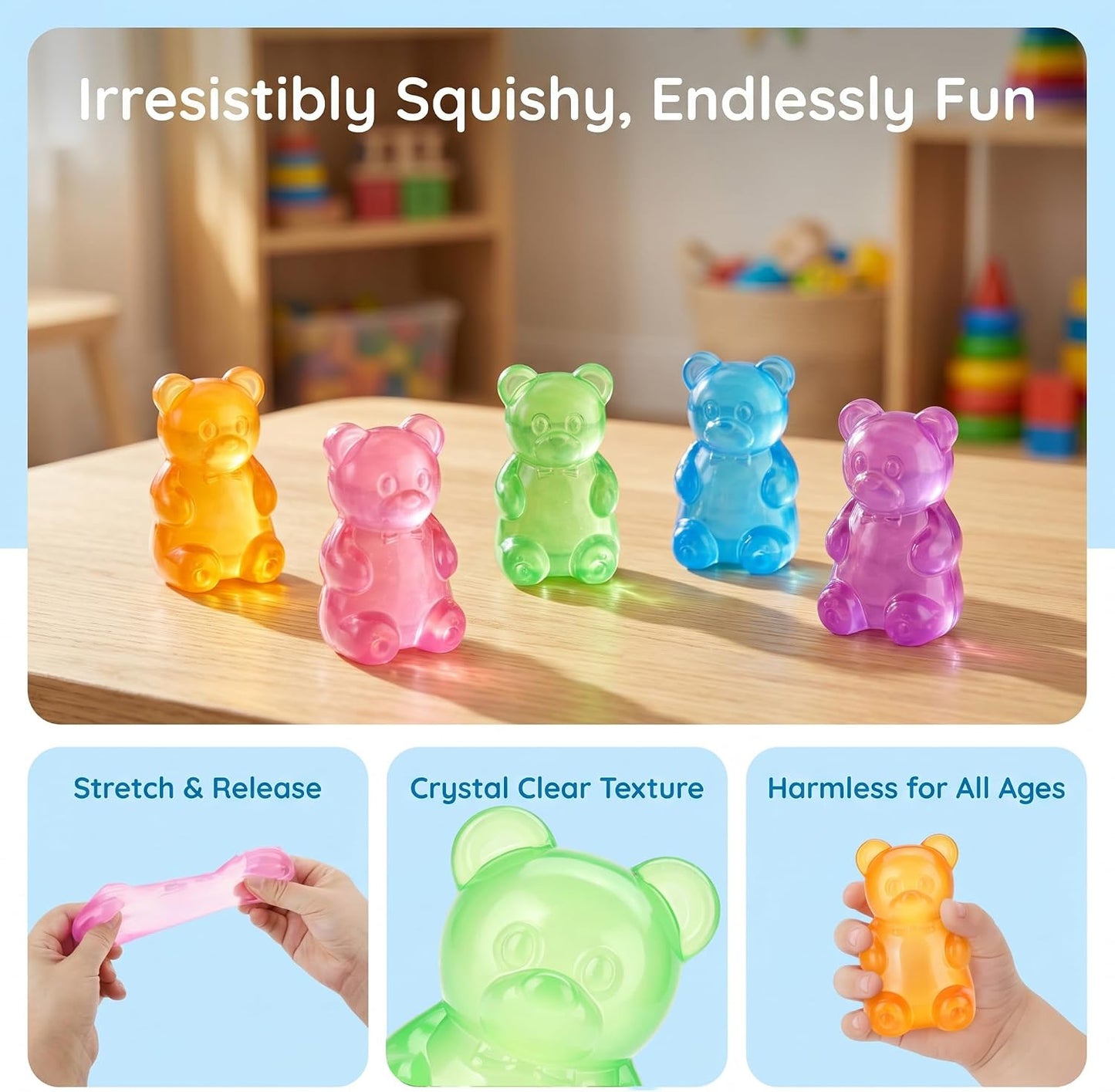 Gummy Bear Squishy Toys, Squeeze Fidget Toys for Stress Relief Sensory Stress Balls for Kids and Adults Birthday Gifts Party Favors Stocking Stuffers Class Prizes- Pink
