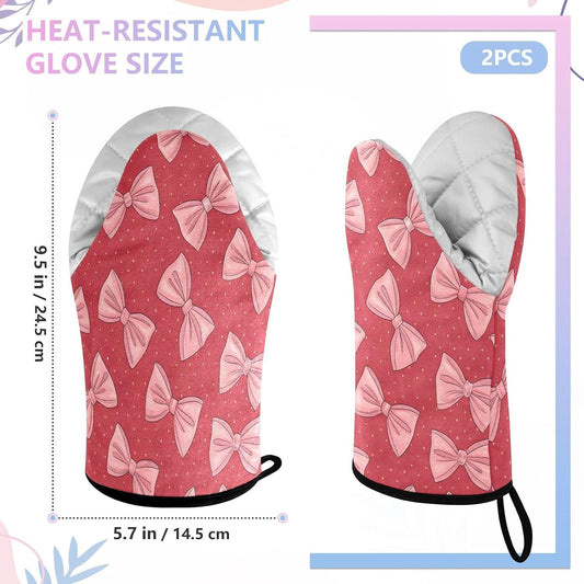 Red Pink Bows Non-Slip Oven Mitts Set Heat Resistant Kitchen Gloves with Quilted Liner Cotton Machine Washable with Hanging Loop for Baking Grilling BBQ