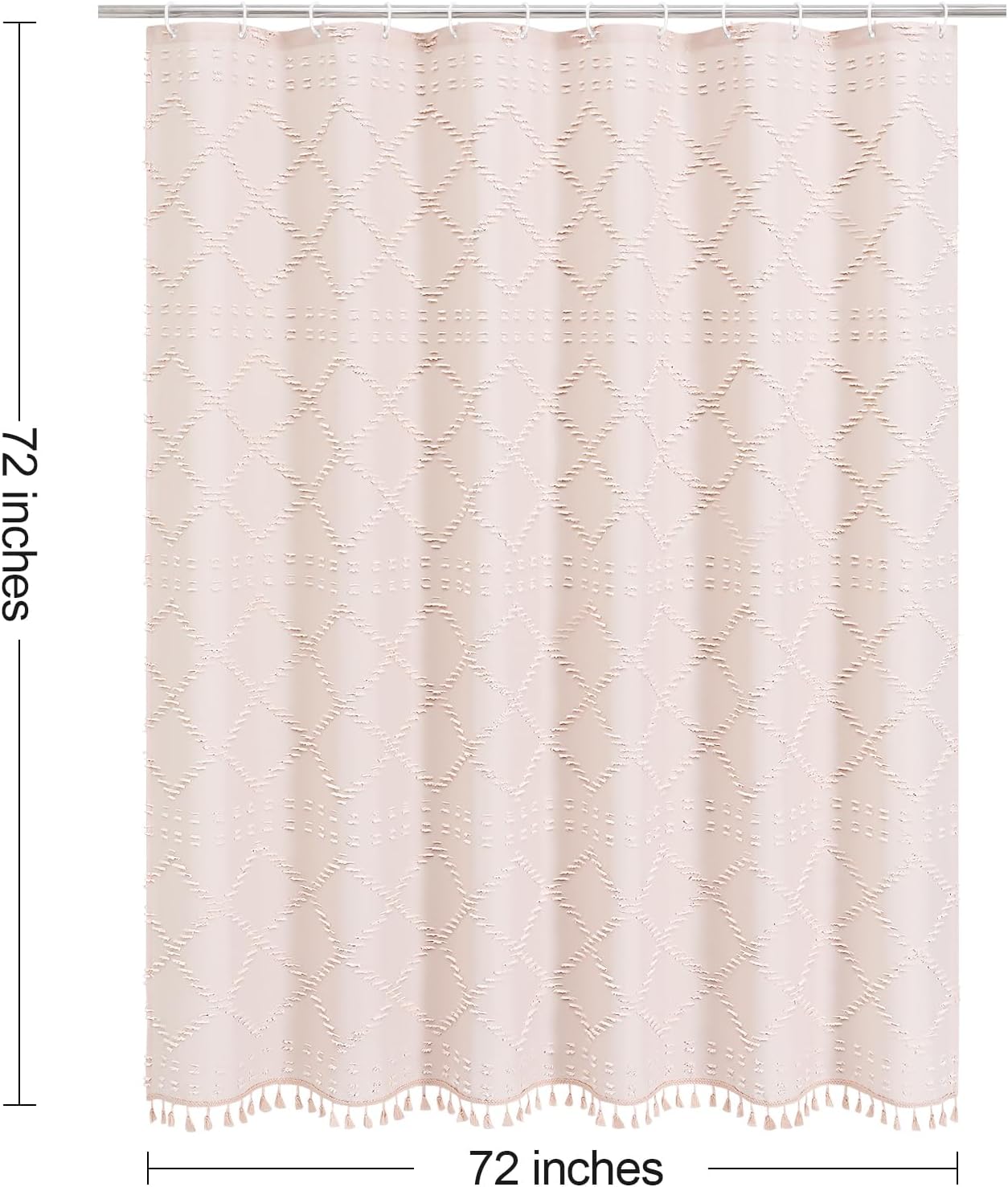 Boho Light Pink Woven Fabric Shower Curtain with Tassel 72 x 72 Modern Farmhouse Minimalist, Pink Bohemia Tufted Chevron Striped Chic Textured, Waterproof Cloth Curtain for Bathroom