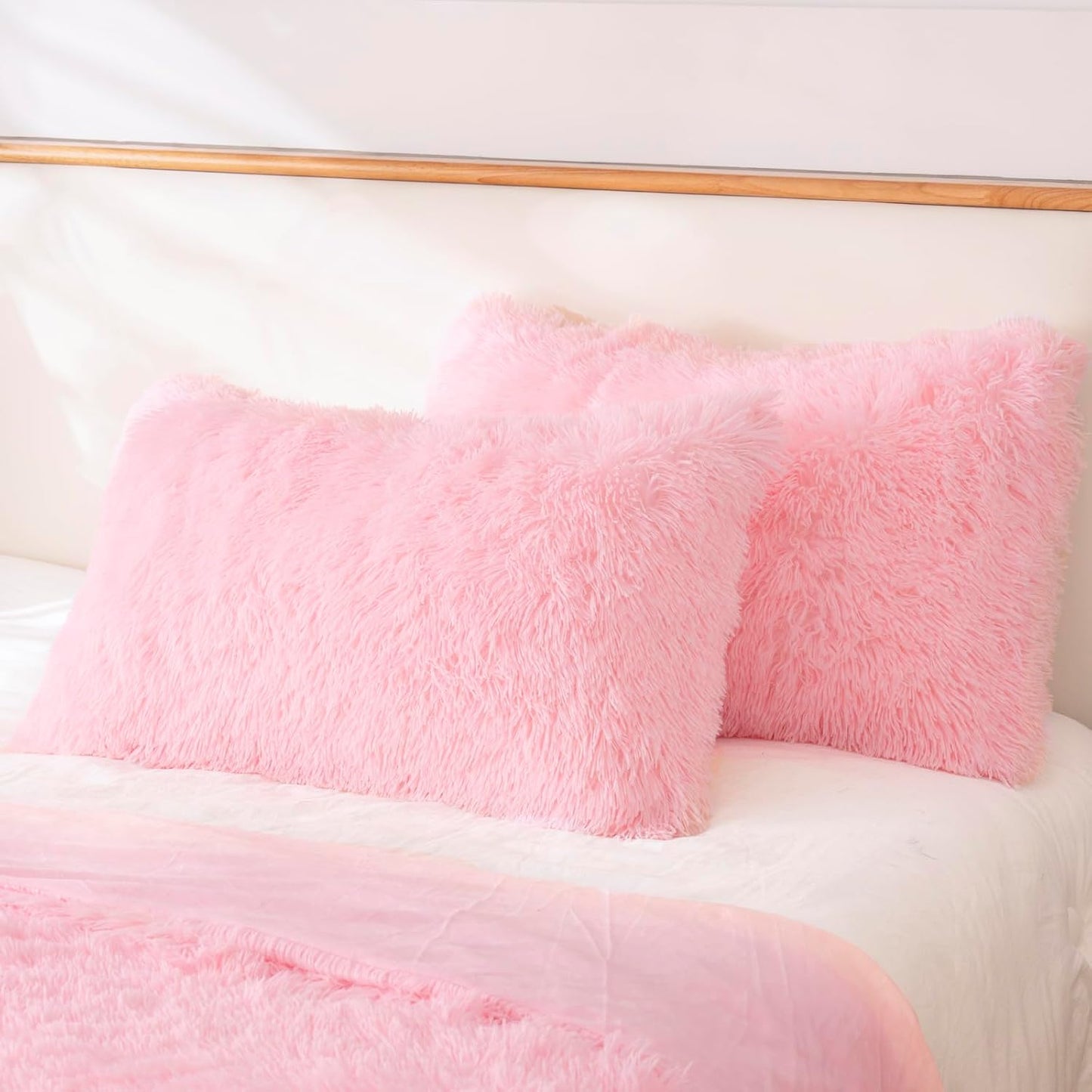 Faux Fur Fluffy Fuzzy Plush Pink Pillow Case Set of 2, Soft Decorative Pillow Covers for Bed, Bedroom, Living Room, Zipper Closure, Standard Size (20"x26", Pink)