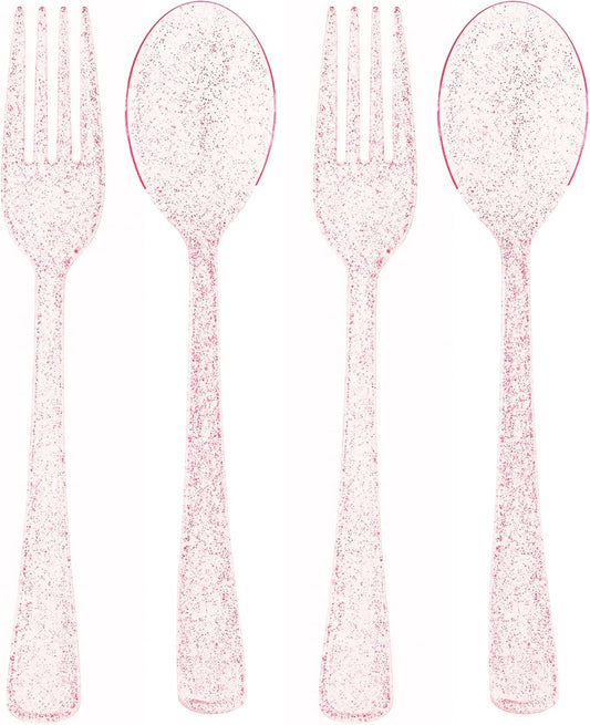Blue Orchards Pink Glitter Plastic Spoon and Fork Set (50 Each) – Durable Pink Glitter Utensils, Heavy Duty Disposable Colored Cutleries and Plastic Utensils for Parties, Birthdays, Wedding and Events