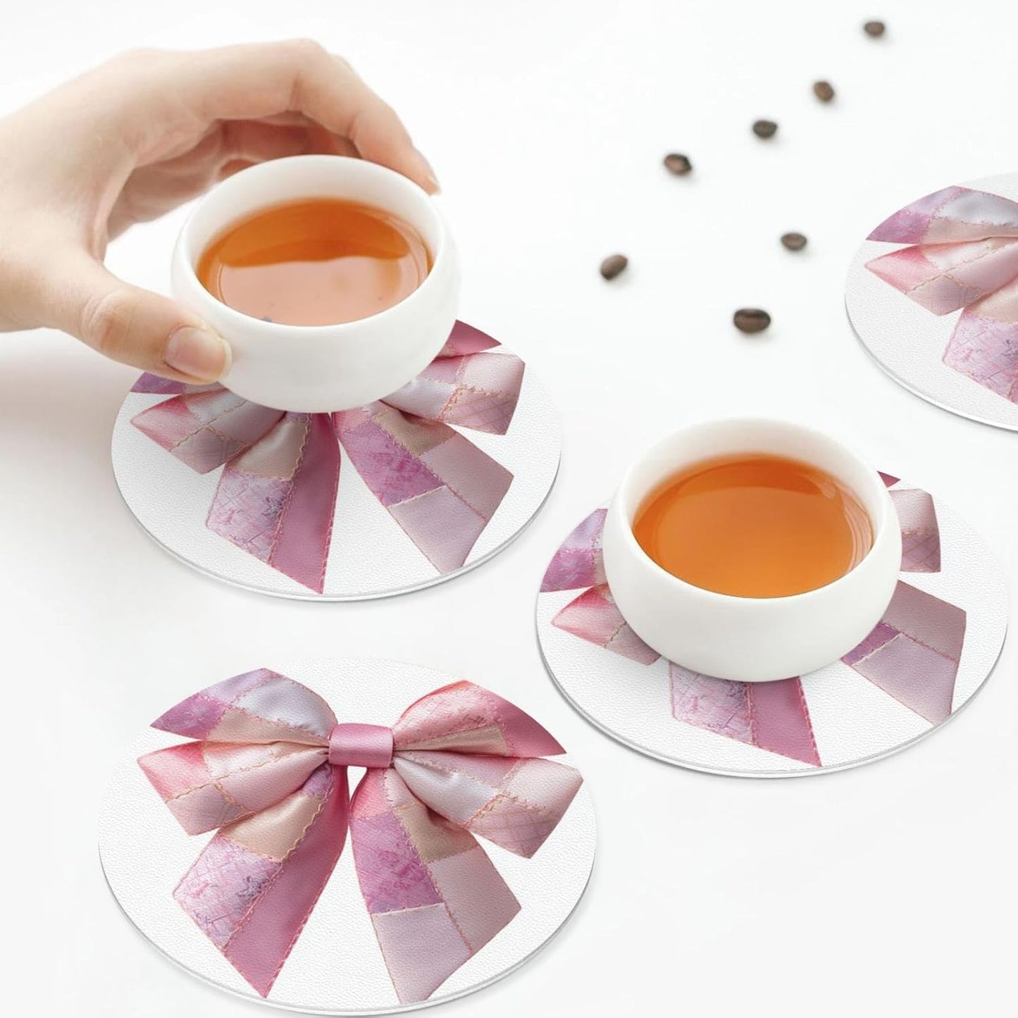 Light Pink Bow Balloon Patchwork Embroidery Drinks Coasters Set of 4 Leather Drink Coasters for Tabletop Protection Heat Resistant Bar Cup Mat Pad