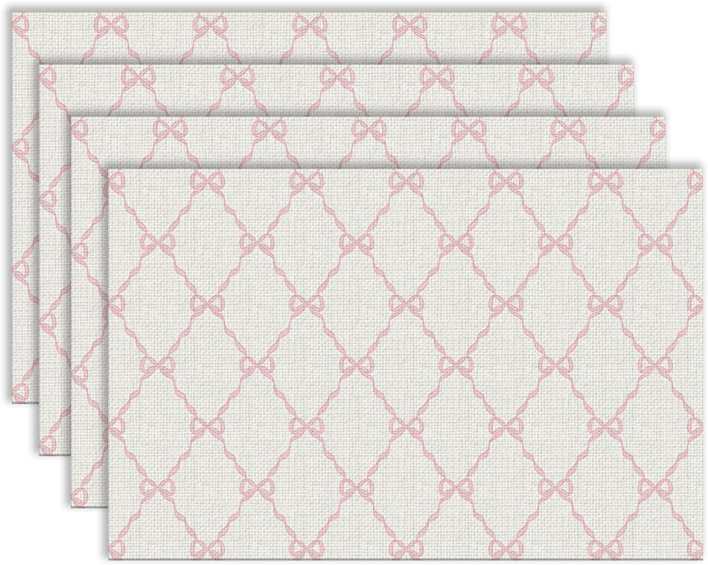 Coquette Pink Bow Placemats, Preppy Pastel Aesthetic Bowknot Girly Table Mats Washable Placemat for Home Party Kitchen Dining Room Decoration 12x18 Inch