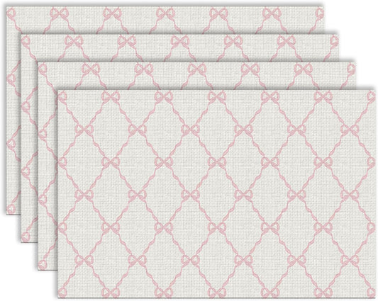 Coquette Pink Bow Placemats, Preppy Pastel Aesthetic Bowknot Girly Table Mats Washable Placemat for Home Party Kitchen Dining Room Decoration 12x18 Inch