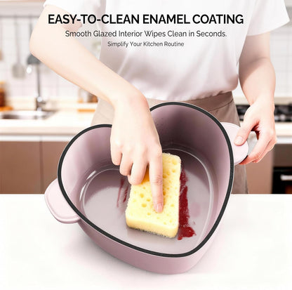 Enameled Cast Iron Heart-Shaped Pot with Lid, Dual Handles, Works on All Stovetops, Oven Safe to 500°F, 4-Quart, Pink,Include Two Silicone Oven mitts
