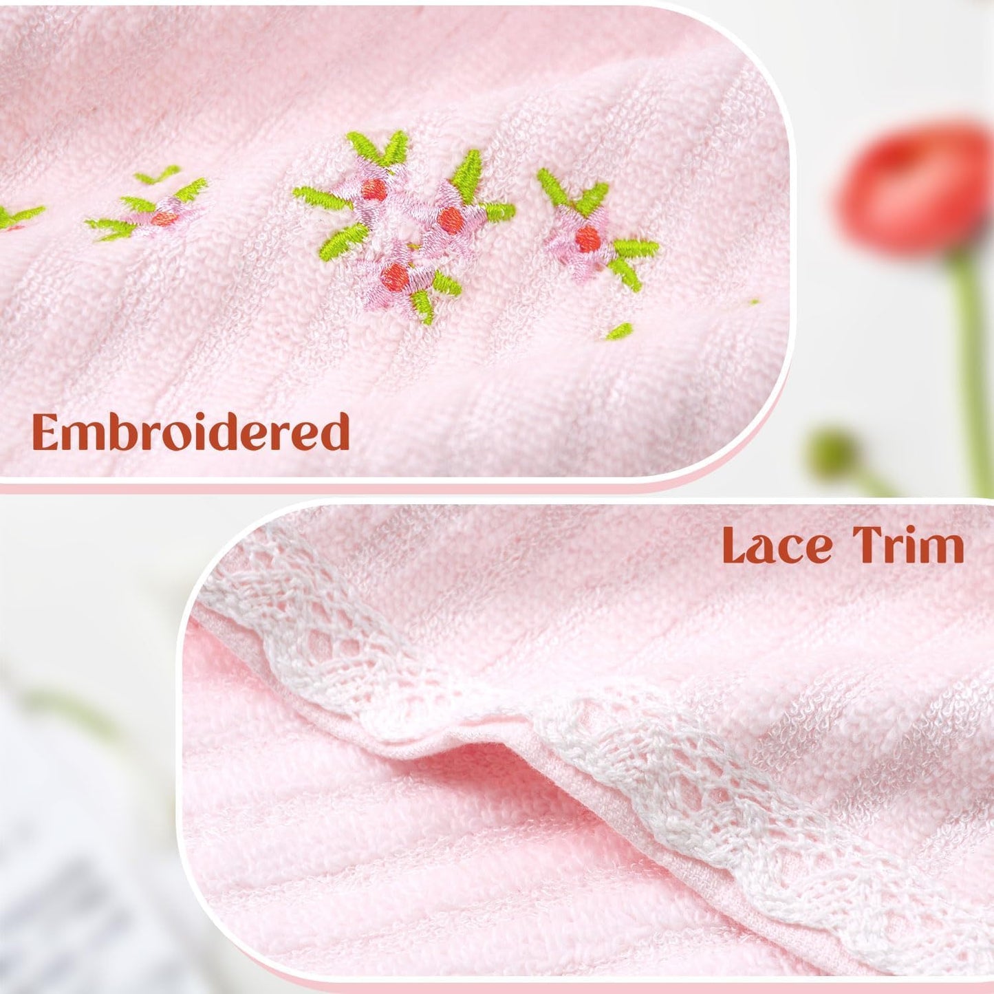 Jacquotha Pink Washcloths 4 Pack (Floral Embroidered), Soft Wash Cloths for Face, Body, Showering, Spa & Bathroom Decor, 13” x 13"