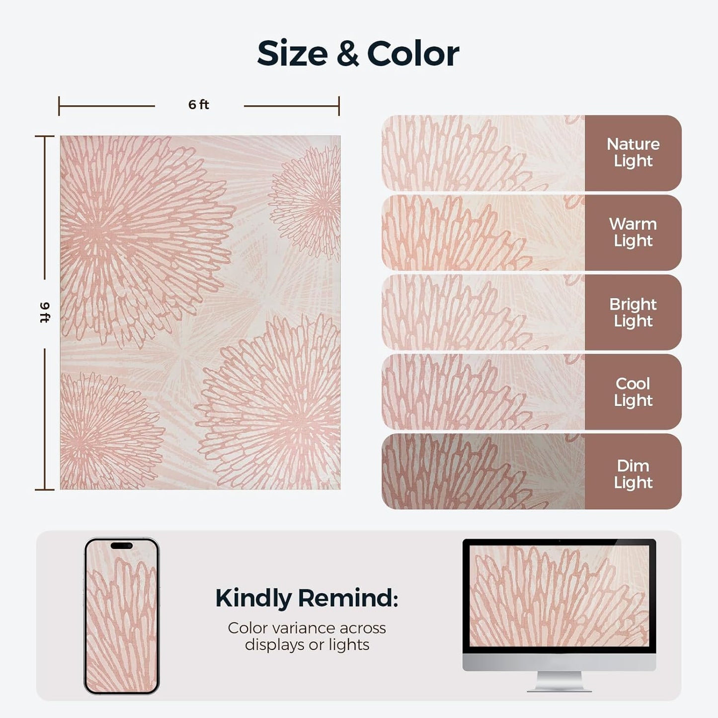 Pink Rugs for Bedroom Girls: 6x9 Modern Large Washable Soft Cute Boho Floral Pattern Area Rug Neutral Indoor Floor Non-Slip Carpet for Living Room Dining Nursery Kids Playroom Baby Room House Decor