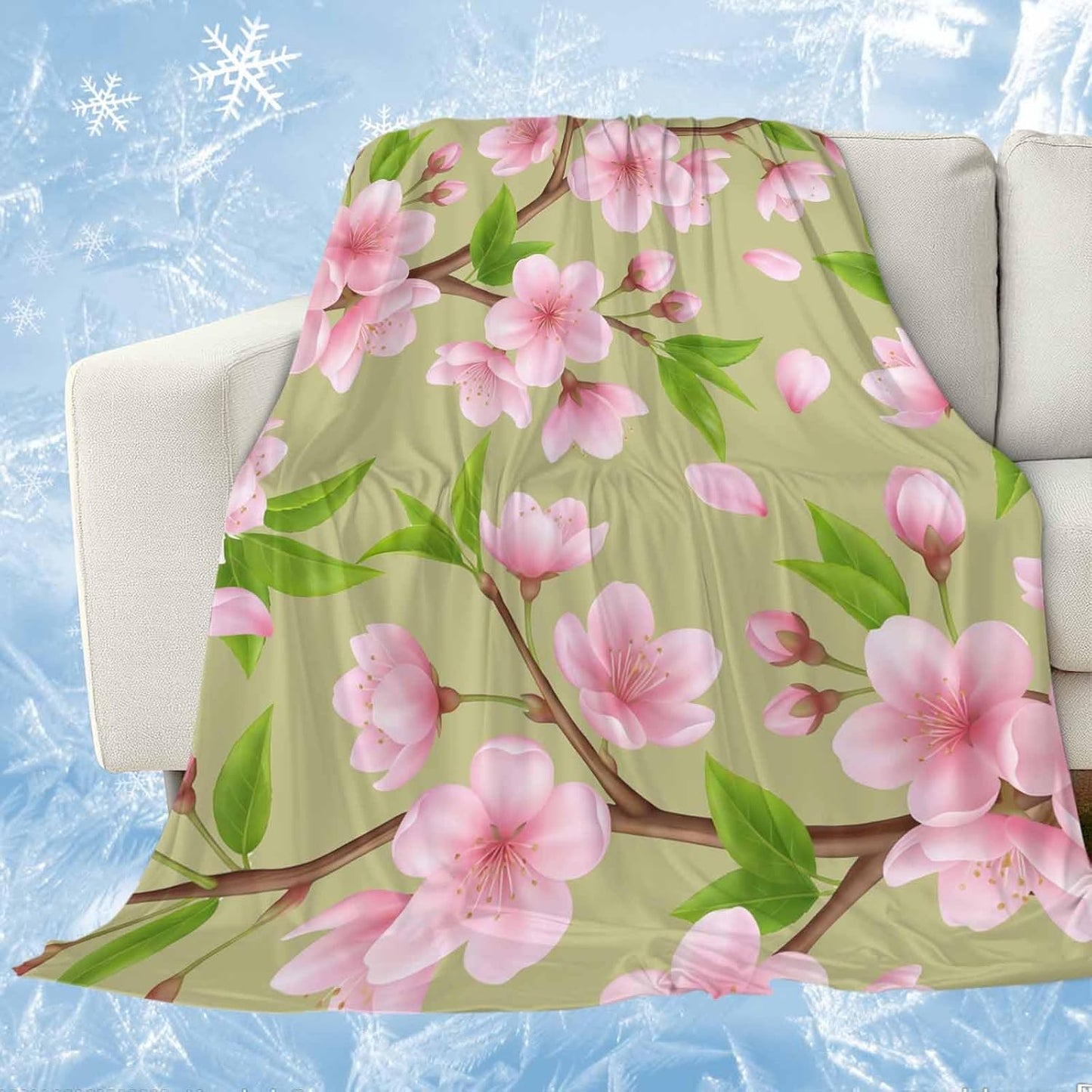 Cooling Blanket for Hot Sleepers, Pink Peach Flowers Lightweight Breathable Summer Blanket, Spring Botanical Watercolor Floral Green Double-Side Cool Throw Blankets for Sleeping Travel, 30"x40"