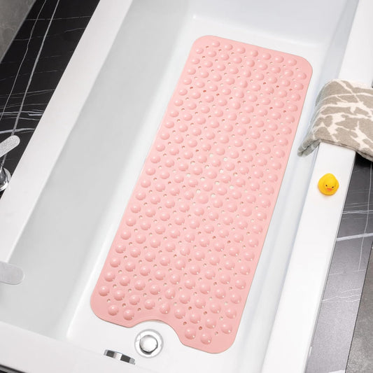 Wirhao Bathtub and Shower Mat Non Slip Bath Mat 39×16 Inches Machine Washable Tub Mat Large for Bathroom with Suction Cups and Drain Holes Pink