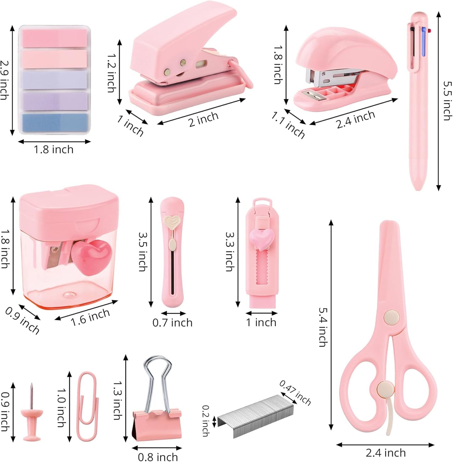 Pink Mini Office Supply Kit Mini School Supplies Desk Accessory Set Includes Mini Stapler Pencil Sharpener Staple Remover Hole Punch Ballpoint Pen Scissor Box Cutter Paper Clips Sticky Index Tabs