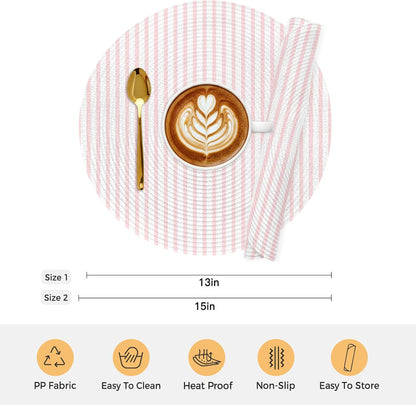 Round 13'' Placemats Set of 6, Pink Vertical Striped HeatResistant Polypropylene Placemats, Farmhouse Thin Line Stripes Washable Woven Braided Place Mats for Dining Table, Non Slip Kitchen Table Decor