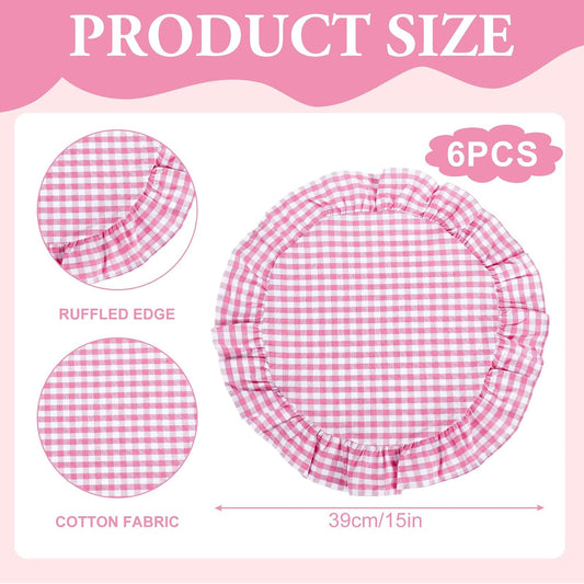 JarThenaAMCS 6 Pcs Ruffled Placemats 15 Inch Pink Plaid Gingham Table Mats Decorative Washable Round Place Mats for Farmhouse Home Kitchen Dining Holiday Party Table Decor