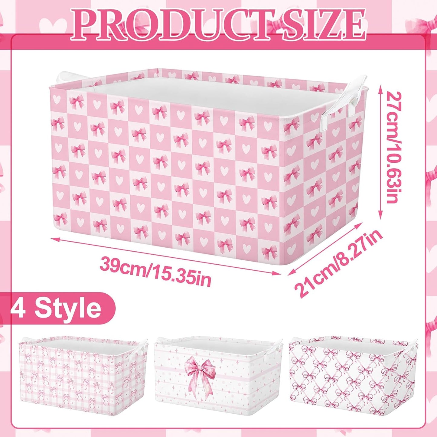 4pcs Christmas Storage Basket Fabric Laundry Baskets with Handle Xmas Foldable Organizer Boxes for Office Home Baby Cloth Toy Book 15 x 10 x 8 (Pink Bowknot)