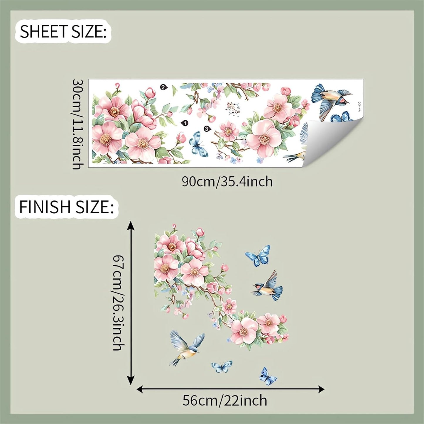 Peach Blossom Branch Birds Butterfly Wall Stickers, sacinora Floral Art Wall Decals Removable Vinyl Peel and Stick for Living Room Bedroom Nursery Home Decorations