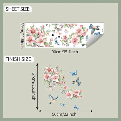 Peach Blossom Branch Birds Butterfly Wall Stickers, sacinora Floral Art Wall Decals Removable Vinyl Peel and Stick for Living Room Bedroom Nursery Home Decorations
