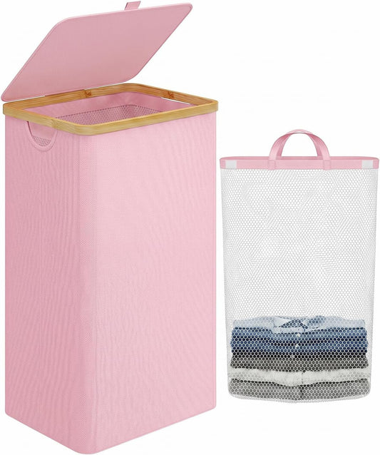 iEGrow Laundry Hamper with Lid, 110L Large Laundry Basket with Handle and Lid, Collapsible Clothes Basket Organizer with Removable Inner Bag for Clothes Towels,Pink