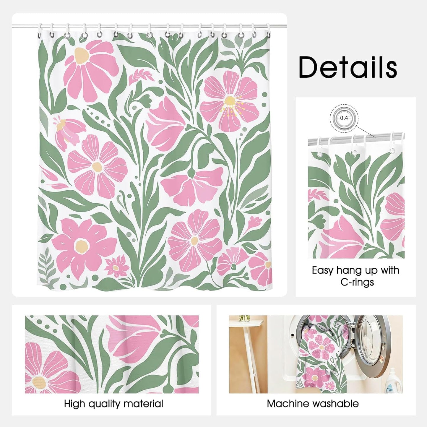 Mocsicka Boho Flower Shower Curtain Aesthetic Floral Shower Curtains for Bathroom Modern Abstract Bathroom Decor Waterproof Funky Cute Bath Curtain with Hooks (Pink, 71x71 inch)