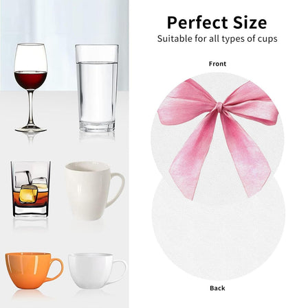 Watercolor Light Pink Coquette Bow Drinks Coasters Set of 4 Leather Drink Coasters for Tabletop Protection Heat Resistant Bar Cup Mat Pad