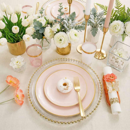 Rubtlamp 210Pcs Plastic Pink Plates with Gold Plastic Silverware Set Include 30Pink Dinner & 30 Dessert Plates, 90Gold Cutlery, 30Gold Cups, 30Napkins, Pink Dinnerware for Valentines&Mother's Day