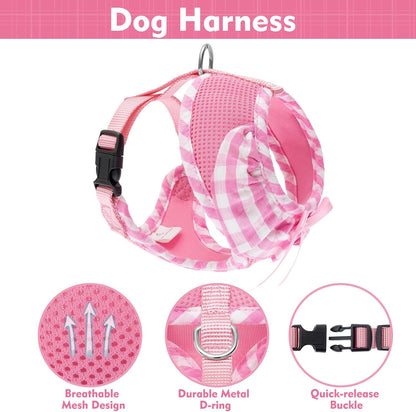 EXPAWLORER Cute Dog Harness and Leash Set - Pink Girl Dog Harness Checkered Step-in Design, Easy Adjustable No-Choke Lightweight Breathable Vest for Puppy Small Dogs Cats Outdoor Walking, Small