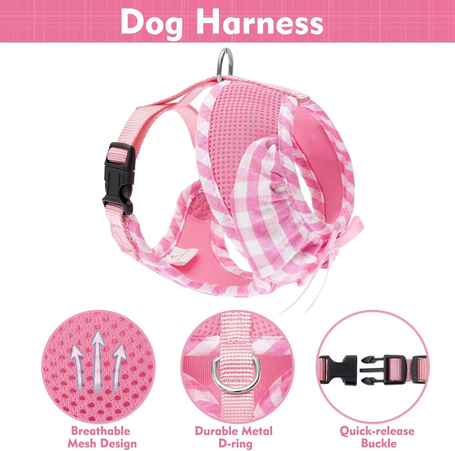 EXPAWLORER Cute Dog Harness and Leash Set - Pink Girl Dog Harness Checkered Step-in Design, Easy Adjustable No-Choke Lightweight Breathable Vest for Puppy Small Dogs Cats Outdoor Walking, X-Small