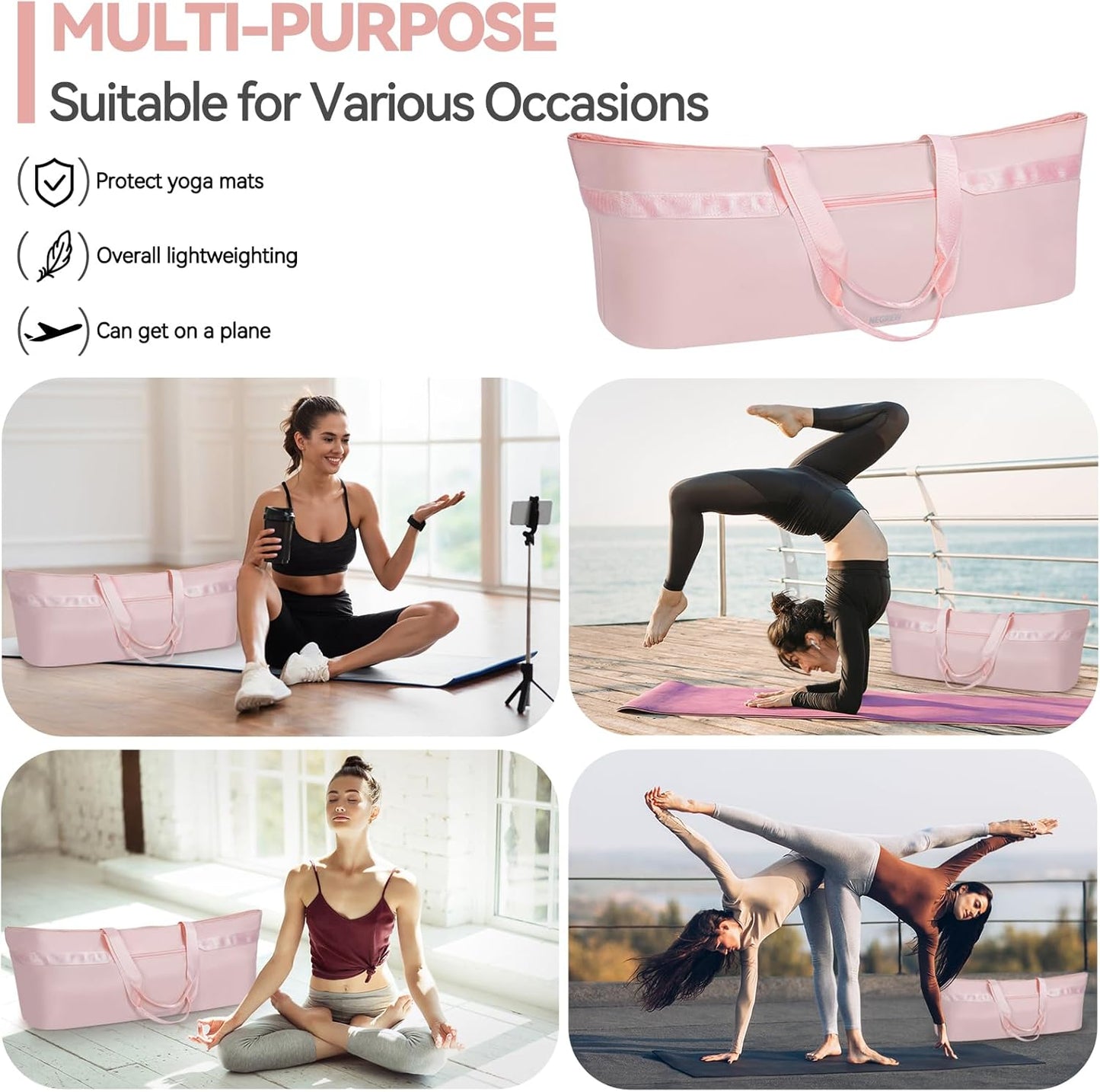 Large Yoga Mat Tote Bag for Women with Holder Strap,Pilates Gym Tote Bag with Shoes Bag & Wet Pocket