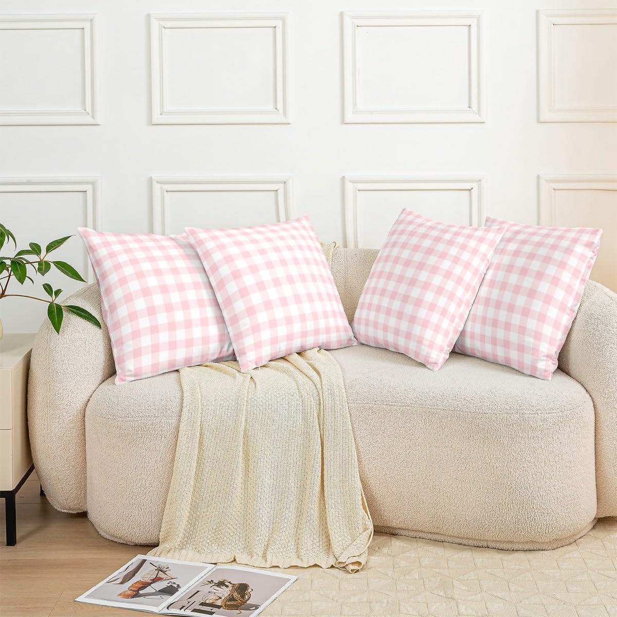 Pink White Throw Pillow Covers 24 x 24-Inch Set of 2 Buffalo Check Cushion Case for Kids Teens Adults Plaid Decor Pillowcase Geometric Modern Art Indoor Outdoor Room Decor Zipper All Season Soft