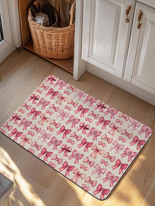 Pink Bow Doormat Bath Mat Quick Dry Non Slip Rug with Rubber Romantic Rose Beige Linen Retro Water Absorbing Mat for Bathroom Kitchen Front Door Laundry Room 32" x 20"