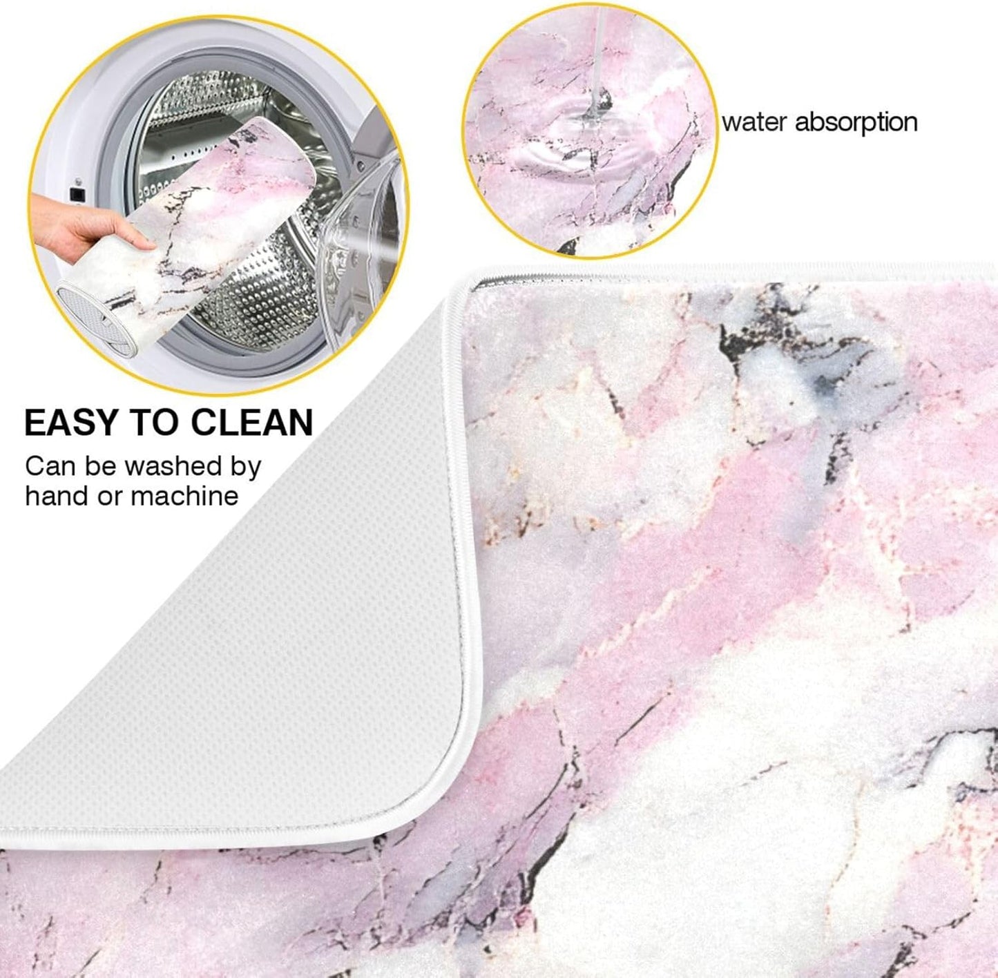 JIPONI Dish Drying Mat for Kitchen Counter,White Pink Marble 16'x18' Super Absorbent Kitchen Mat, Multi-Functional Draining Racks Pad Coffee Mats