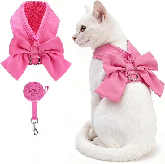 KOOLTAIL Cute Cat Harness and Leash Set with Bowtie, Small Dog Vest Harnesses for Girl Outfit, Step in No Pull Soft Mesh Padded Adjustable Pet Harness for Extra-Samll Medium Puppy Kitten, Pink XS